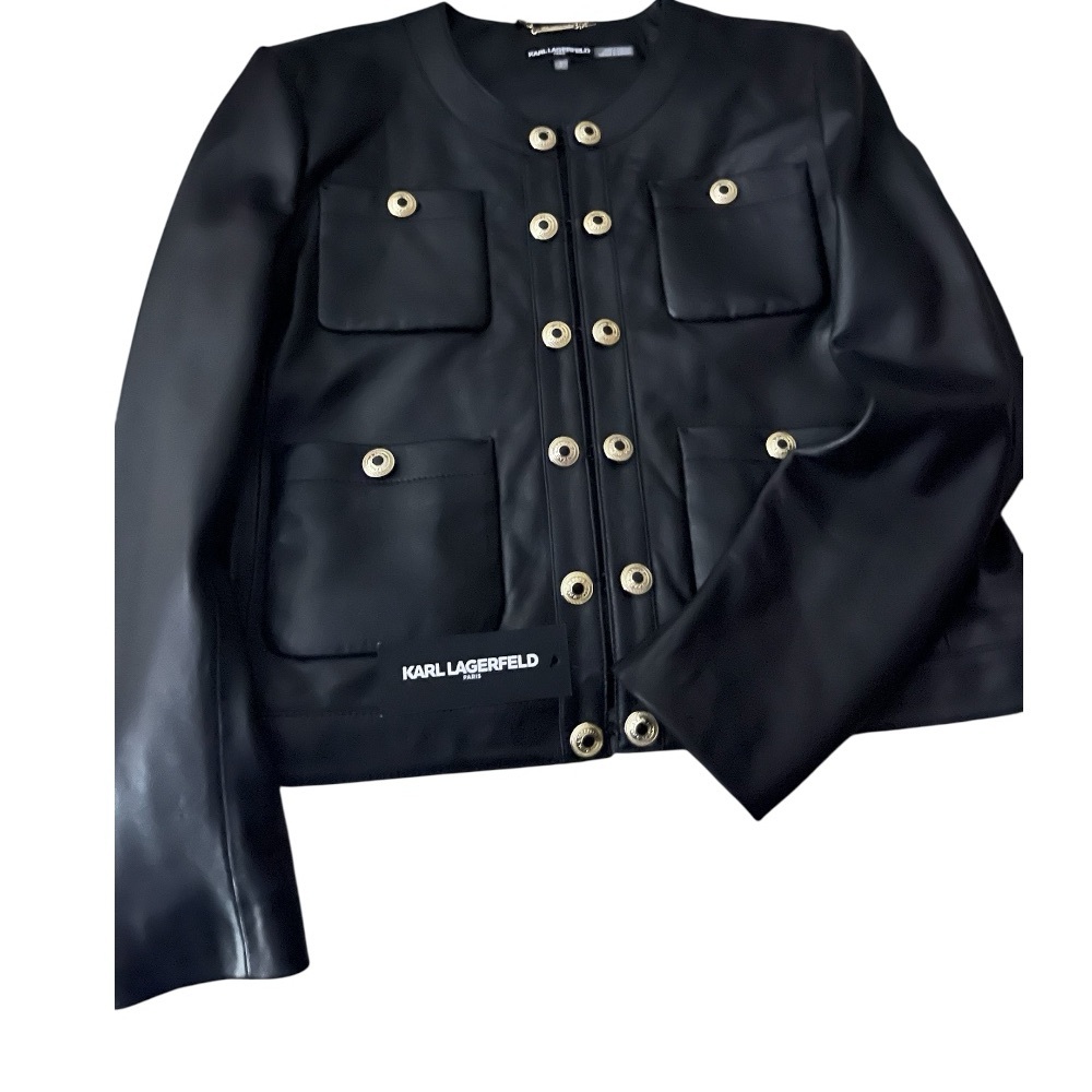 Karl Lagerfeld Black Faux Leather Jacket with Gold Grommet Accents